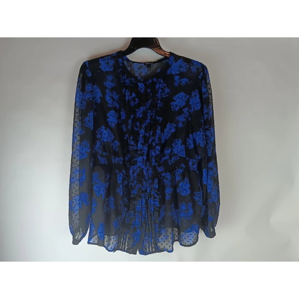 Torrid Womens  Blouse‎ Floral Smocked Blue Black Ruffled Long Sleeve Size 3